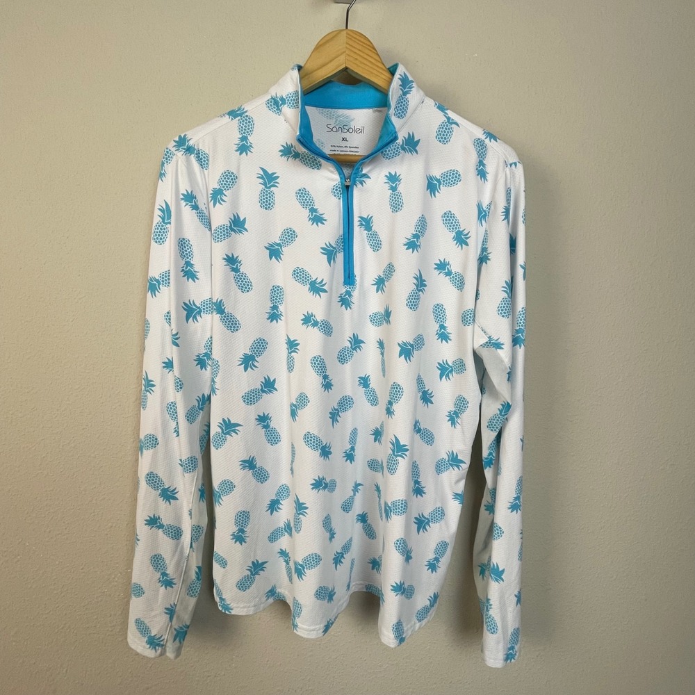 San Soleil Women's Pineapple Long Sleeve Quarter Zip Golf Shirt XL‎ UV Cooling